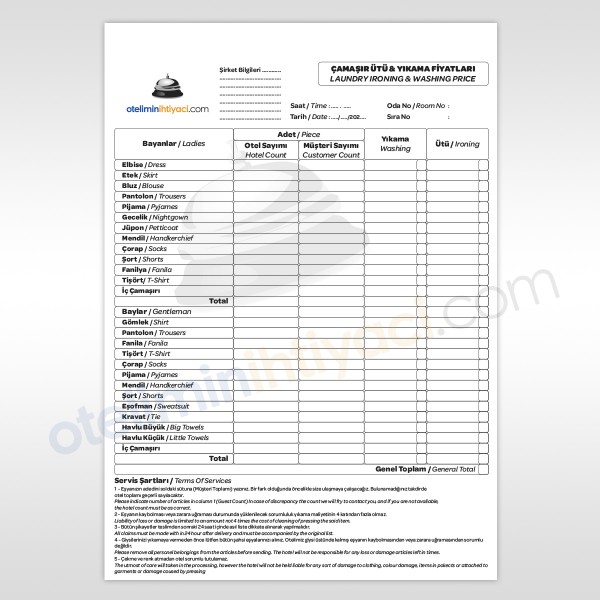 Çamaşır Ütü ve Yıkama Fiyat Listesi